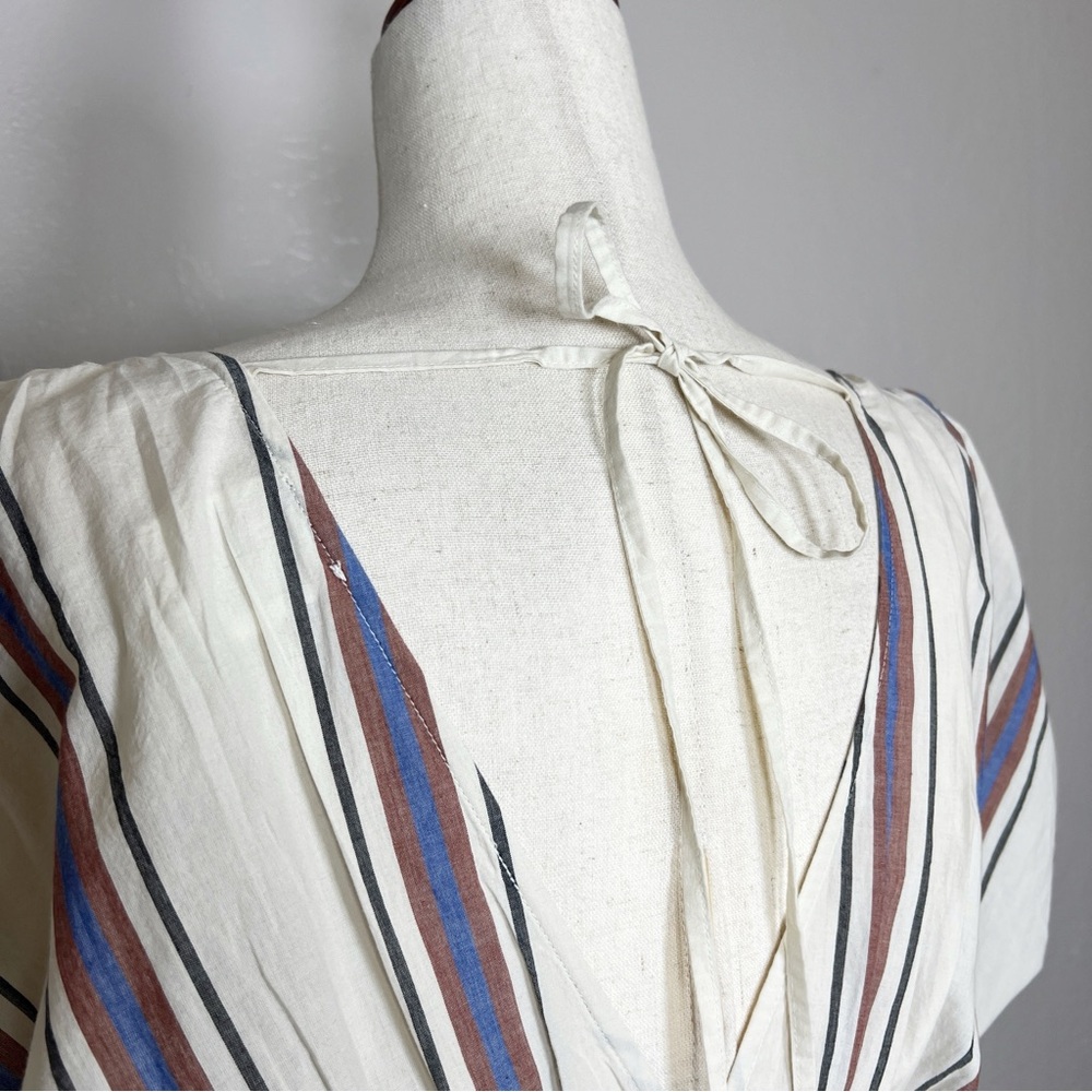 LOFT Beach Women’s Size S Ivory Blue Striped Smocked V-Neck Midi Dress Pockets - Picture 10 of 15